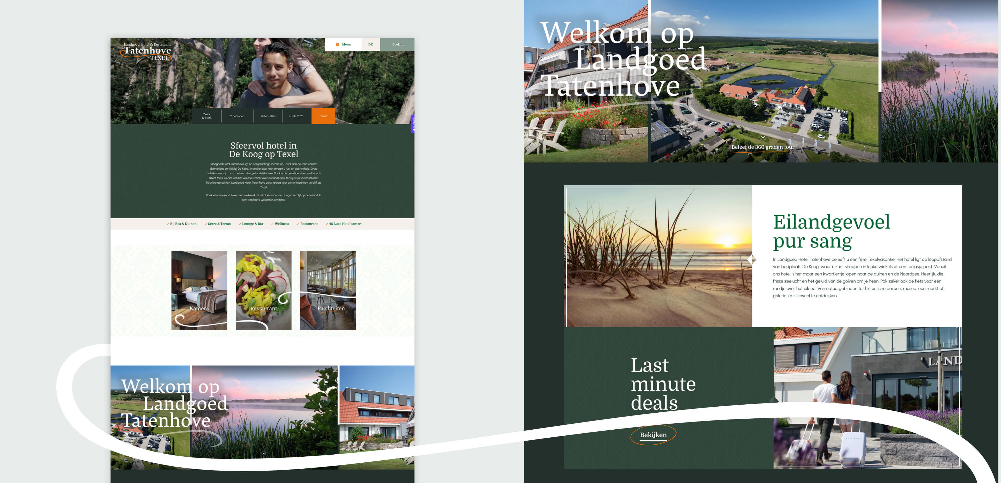 Screenshot van een hotelwebsite met afbeeldingen van het pand, natuurbeelden, tekst over de sfeer van het eiland en een sectie die lastminuteaanbiedingen promoot. Dit laat zien hoe websites de gastvrijheid kunnen verbeteren en online diensten kunnen stimuleren.
