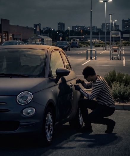 Een persoon zit in de open kofferbak van een paarse Fiat, met zijn benen naar buiten. De auto heeft een Nederlands kenteken en WEB JONGENS op de achterruit, wat wijst op hun expertise op het gebied van websites en online diensten.