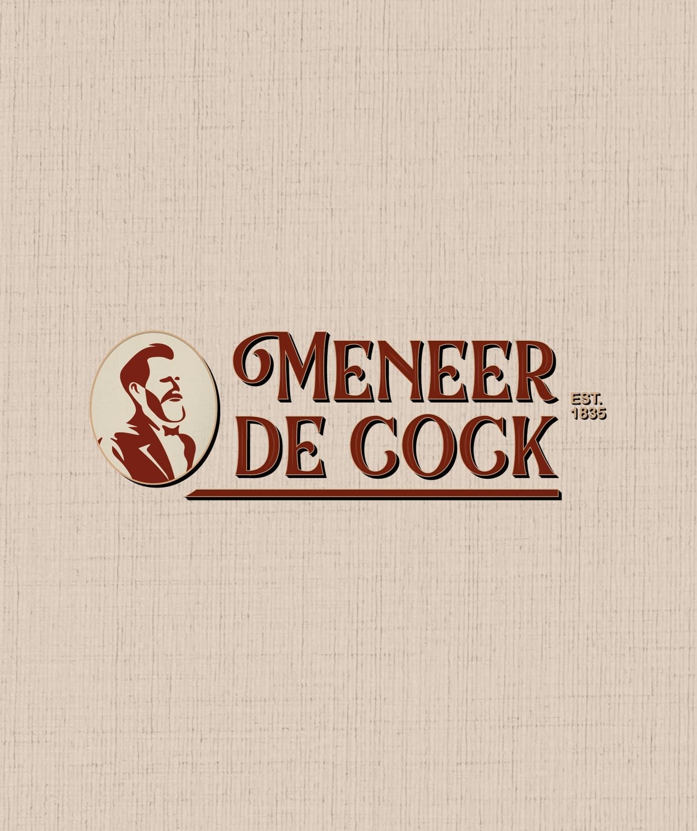 Logo voor Meneer De Cock met een illustratie van een zijprofiel van een man in een cirkel, met de tekst 'Est. 1935' op een gestructureerde beige achtergrond. Perfect voor websites of webshops die op zoek zijn naar een klassieke, tijdloze branding.